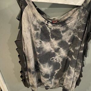 T party tie dyed black and white sweatshirt with black leatherette slits L